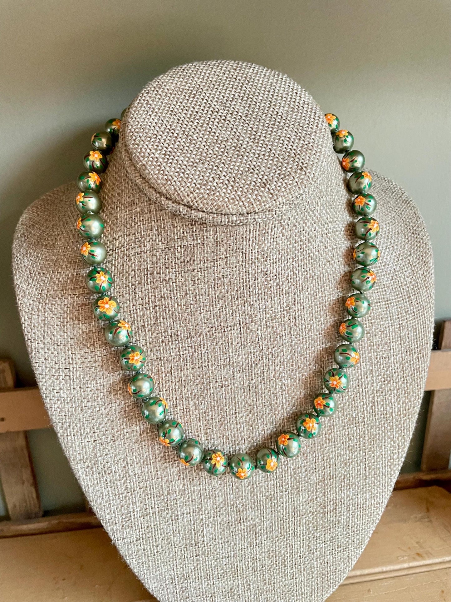 c1950 One of a Kind Hand Painted Pearl Necklace with 10K Yellow Gold Clasp