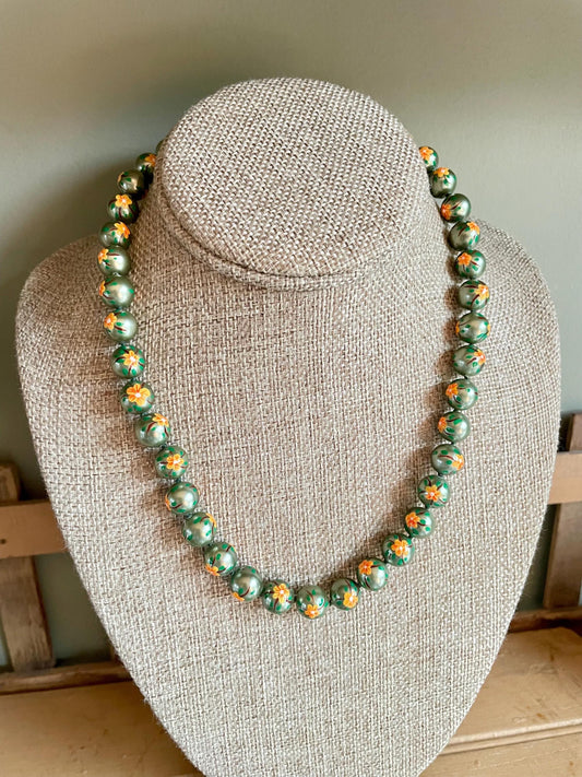 c1950 One of a Kind Hand Painted Pearl Necklace with 10K Yellow Gold Clasp