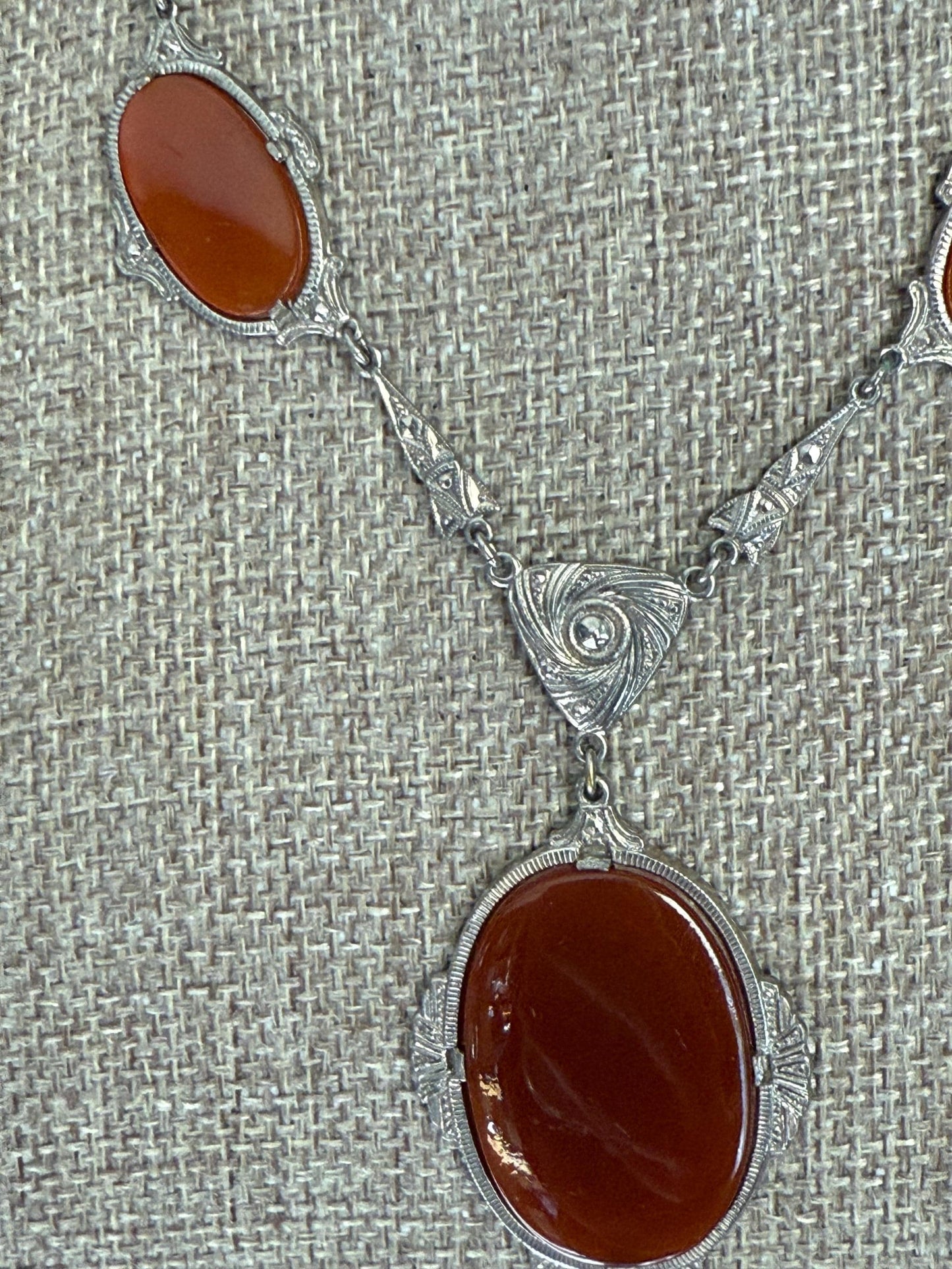 1930 Art Deco German Rhodium Plated Carnelian Glass Necklace Bracelet Set