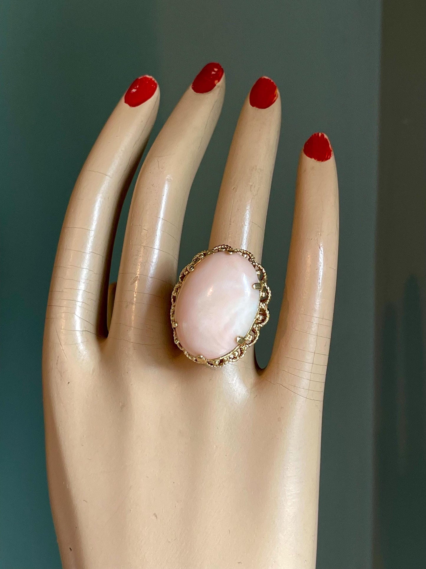 1960's Angel Skin Coral 14K Yellow Gold Cocktail Ring