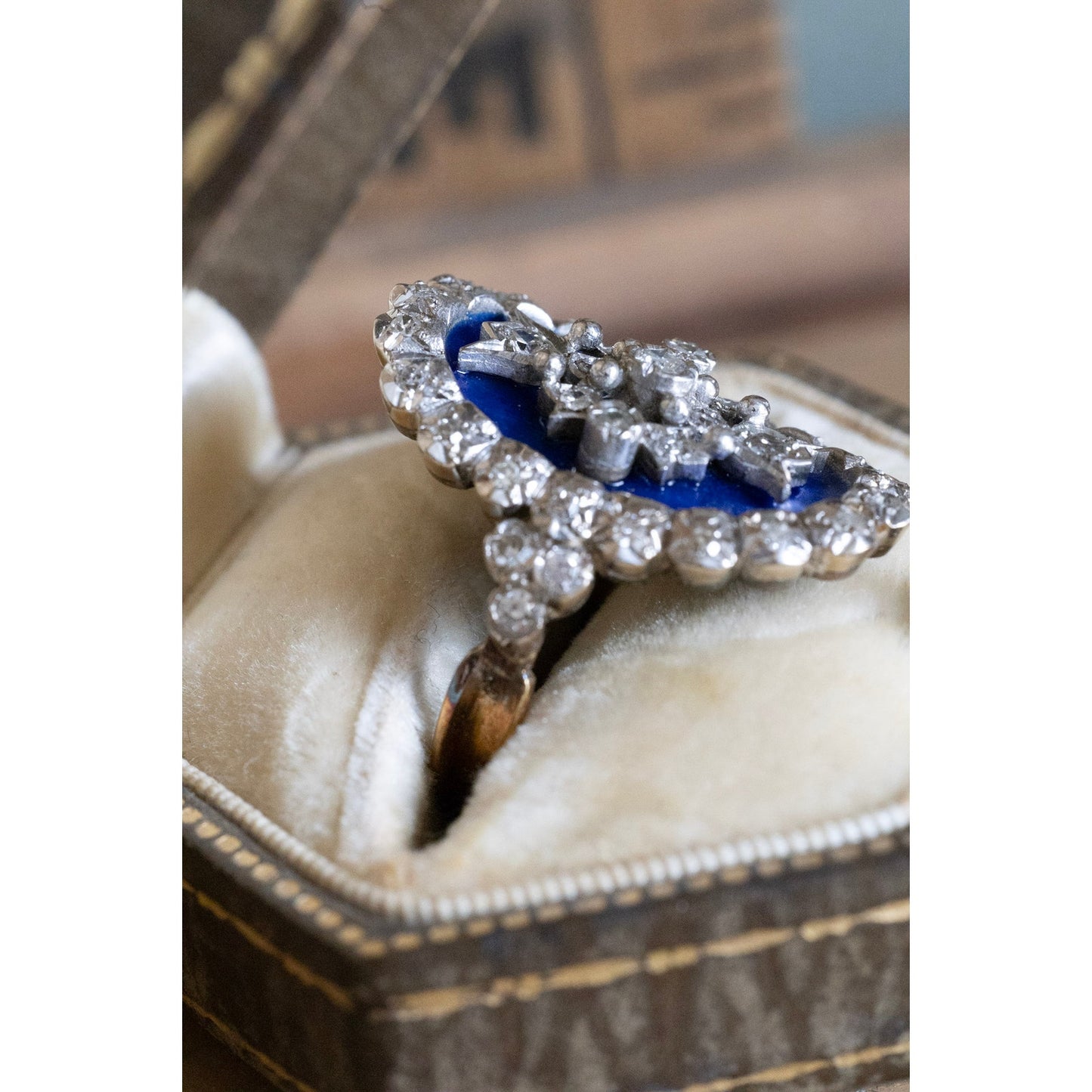 A Georgian Revival 18K English Blue Enamel and Natural Diamond Ring