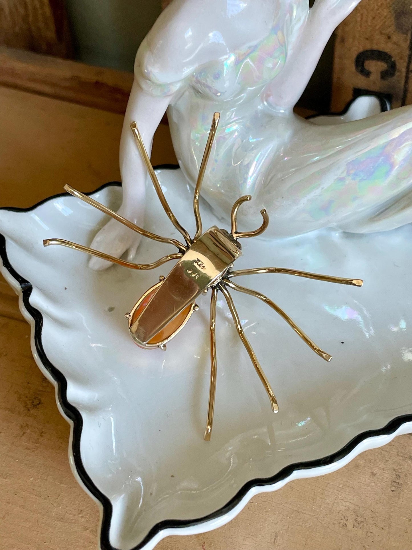 Vintage 14K Yellow Gold Mexican Opal Spider Pendant