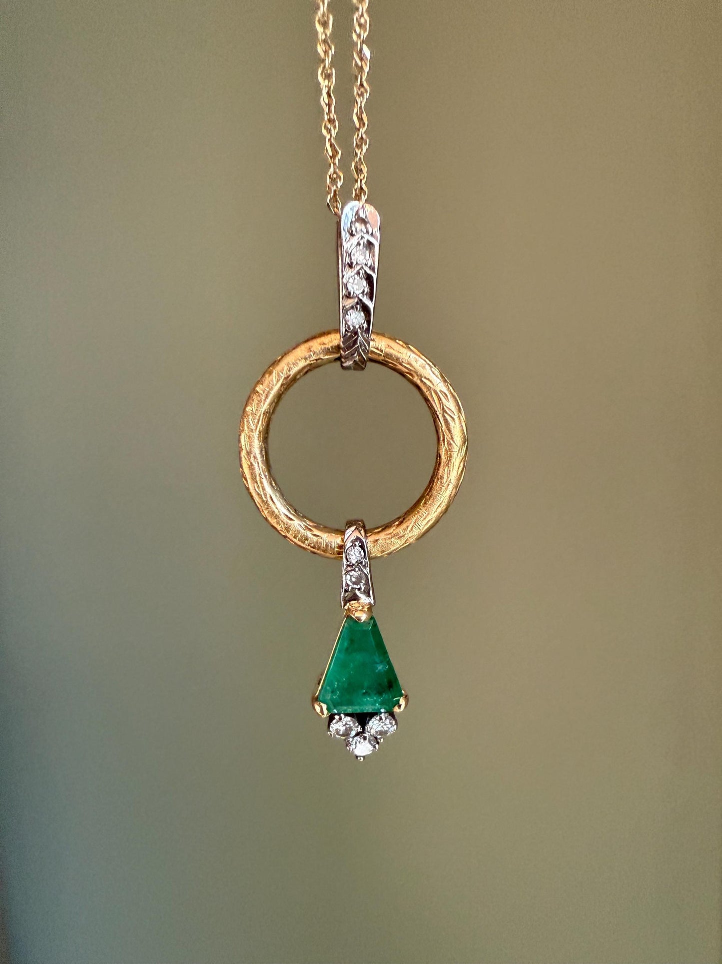 Custom Designed Natural Emerald and Diamond 18K Pendant on a 14K Yellow Gold Chain