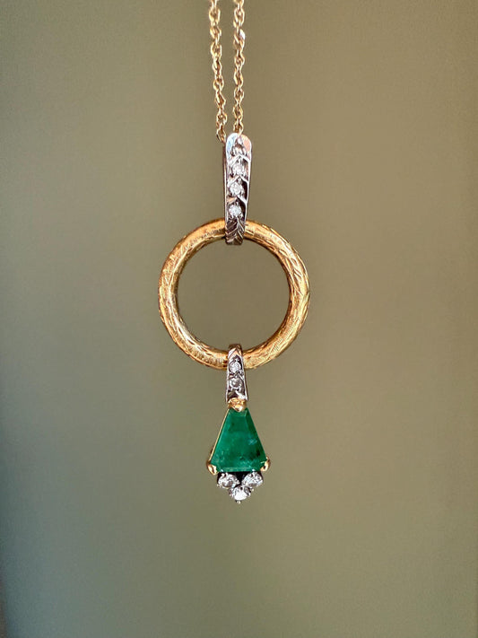 Custom Designed Natural Emerald and Diamond 18K Pendant on a 14K Yellow Gold Chain