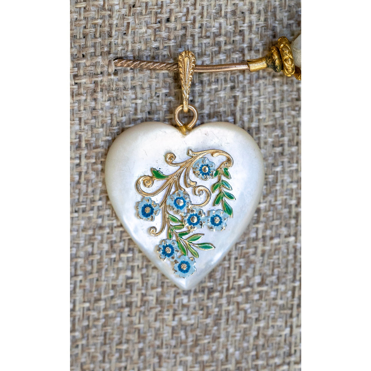 Vintage Mother of Pearl Heart Pendant with Blue Enamel Flowers