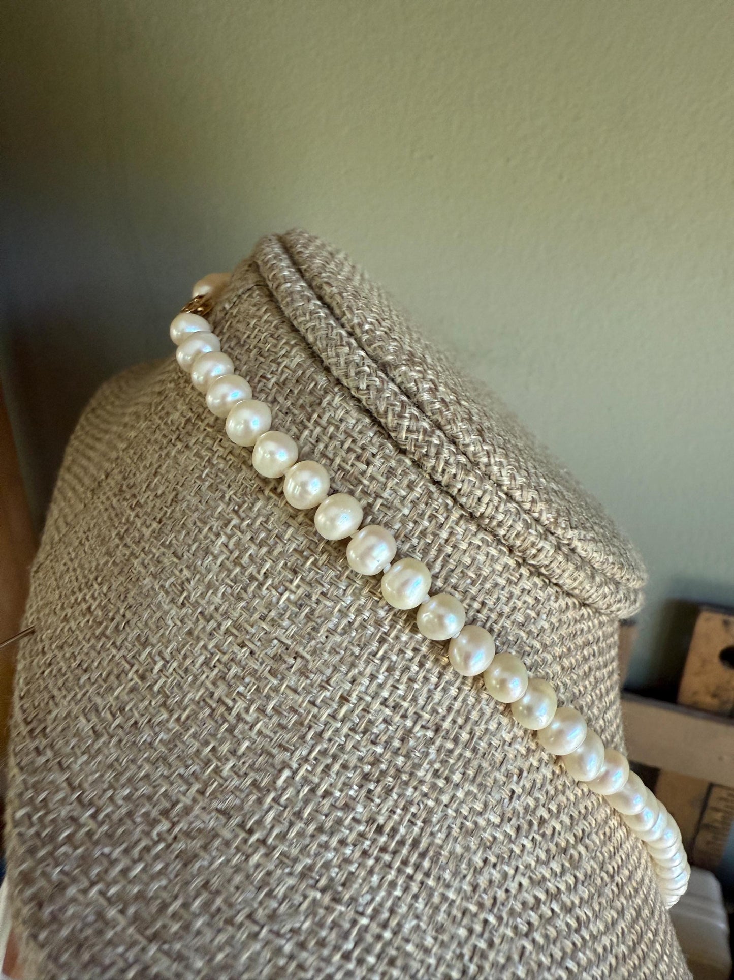 A Strand of Cultured Pearls Hand Knotted with 14K Yellow Gold Clasp