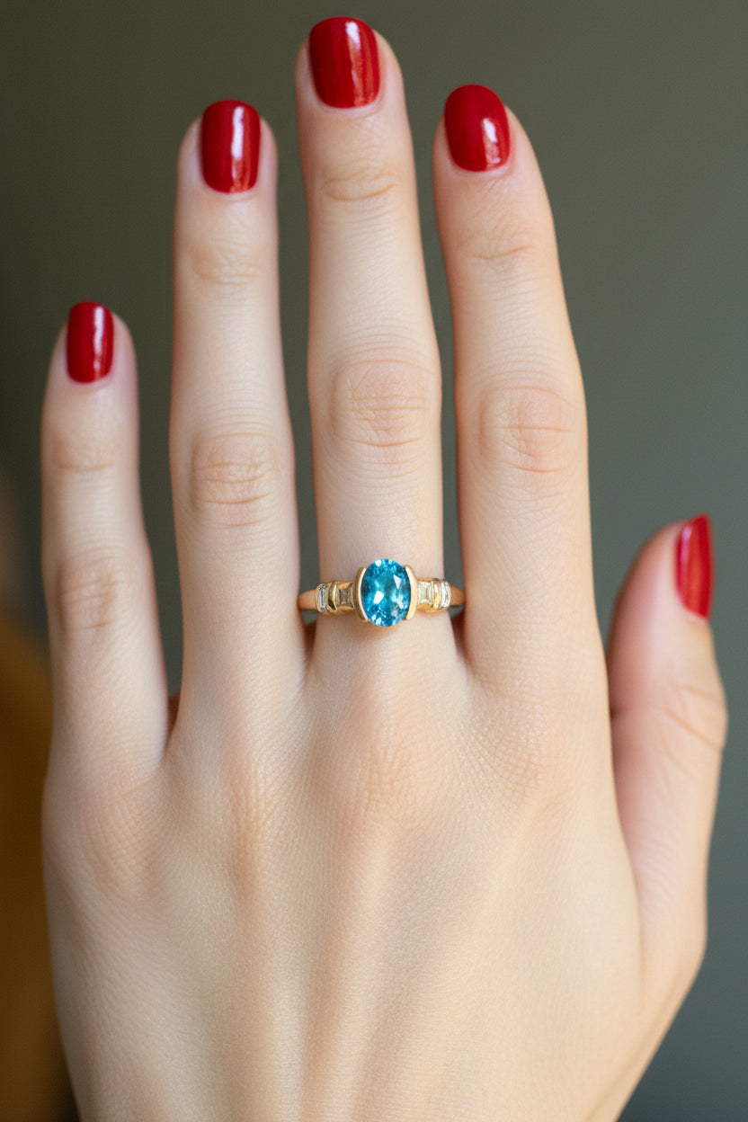 Vintage 10K Yellow Gold Oval Cut Blue Topaz Ring
