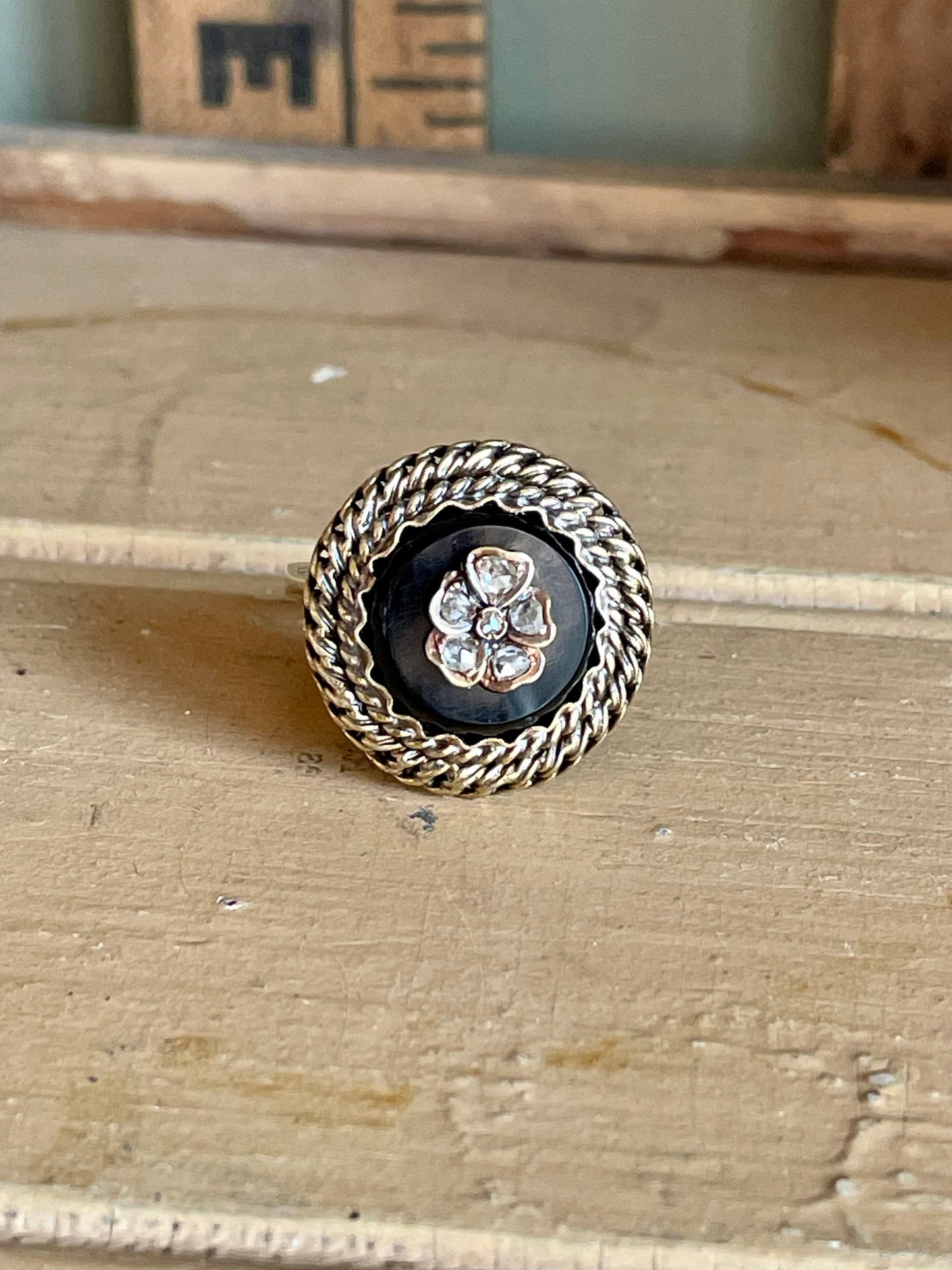 Antique Onyx Rose Cut Diamond Pansy Ring in 14K Yellow Gold