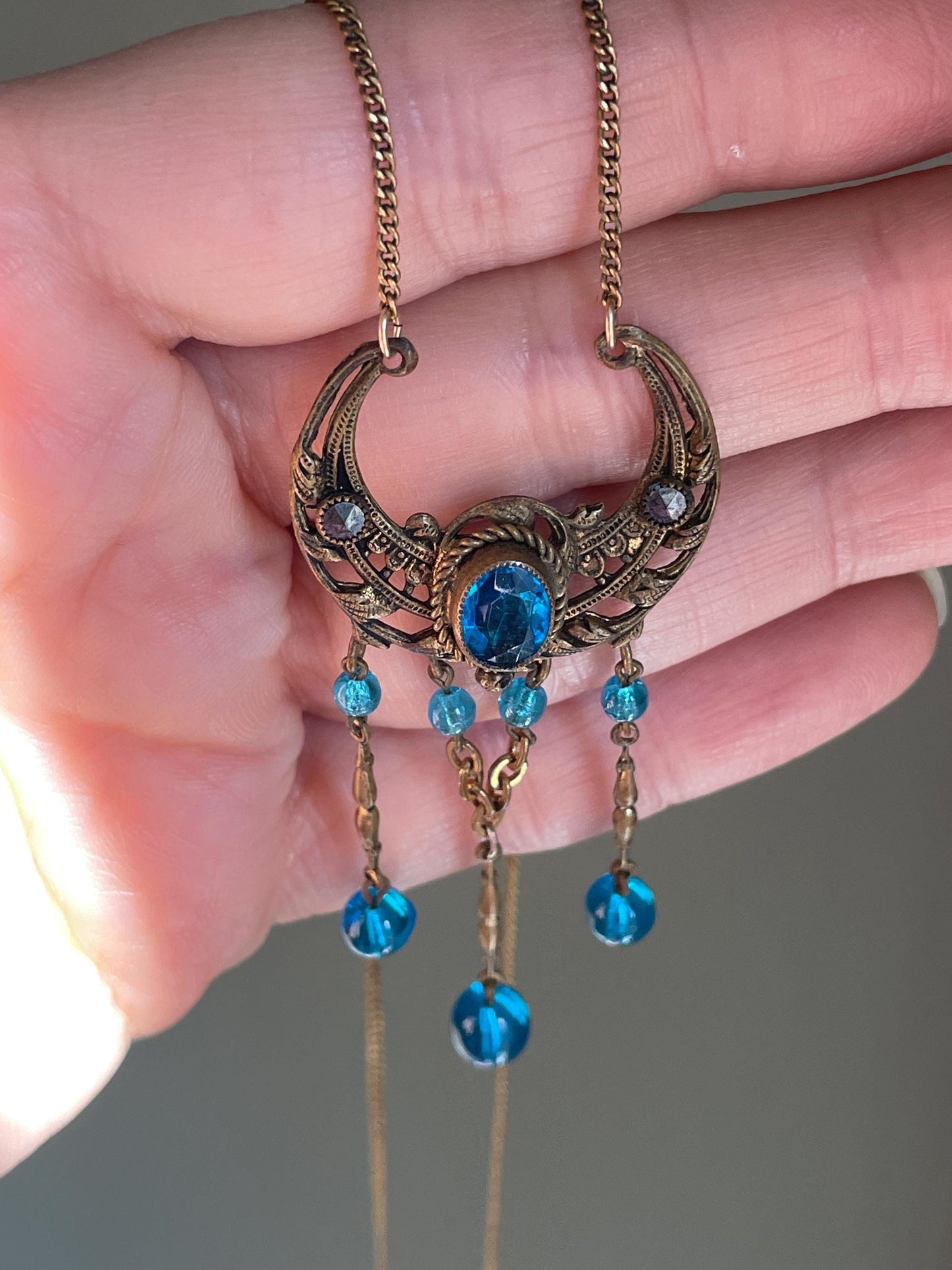 Antique Czechoslovakian Teal Glass Set Pendant in Crescent Moon with Pyrite Accents with Chain