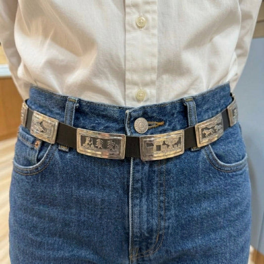 Vintage Navajo Tillie Jon T. Jon Sterling Silver Storyteller Concho Belt