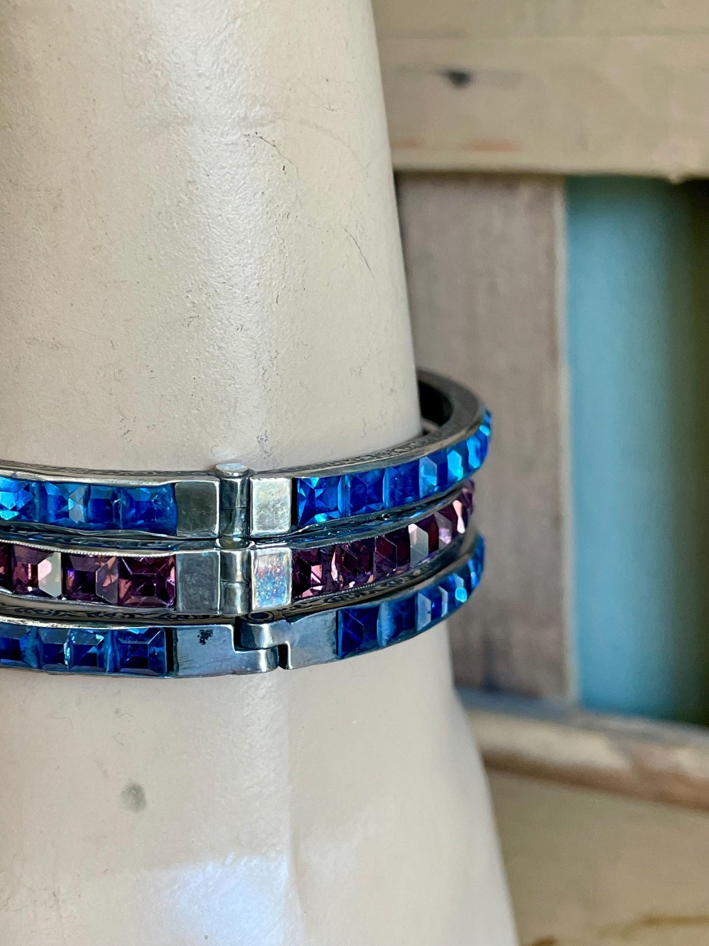 Art Deco Sterling Silver Bracelet Bangle: Ceylon Blue & Rose Cut Glass