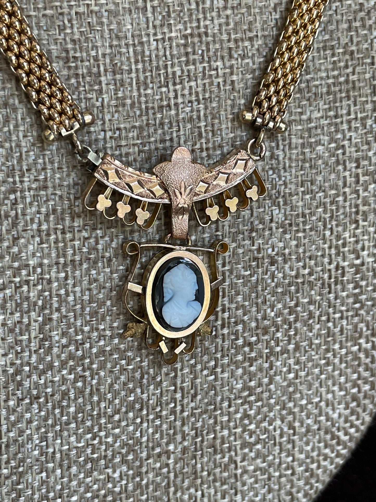 c1880 Victorian Rose Gold Filled Necklace with Sardonyx Carved Cameo