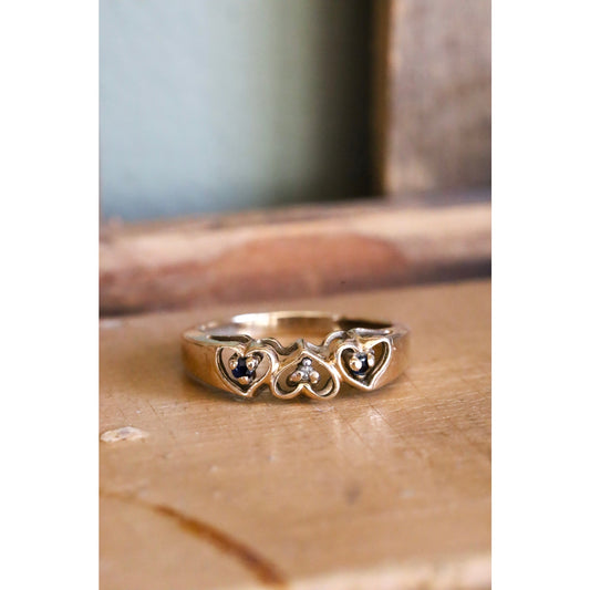 Vintage 10K Yellow Gold Heart Band Set with Sapphire and Diamond