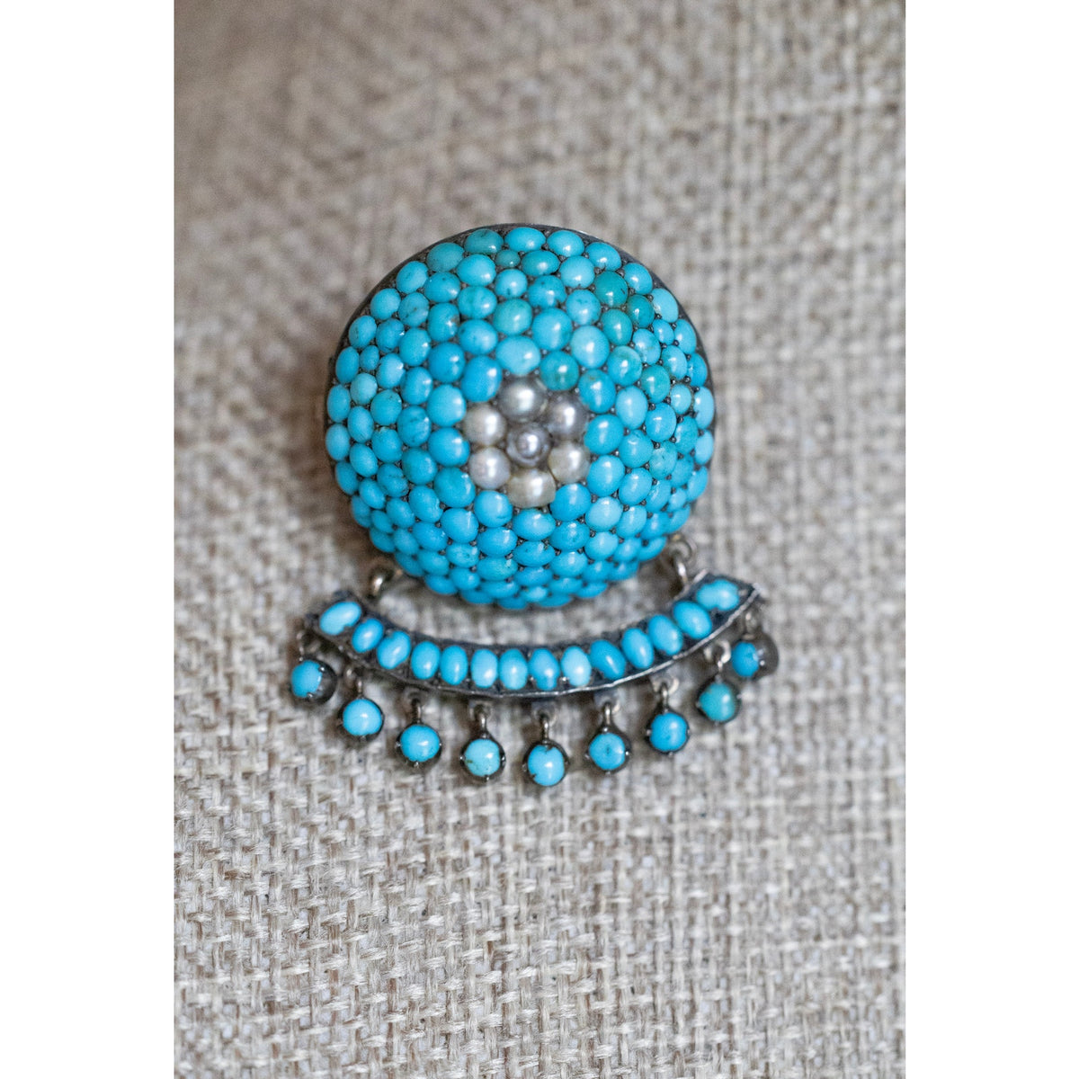 10K Antique Victorian Natural Turquoise and Seed Pearl Dangle Broch