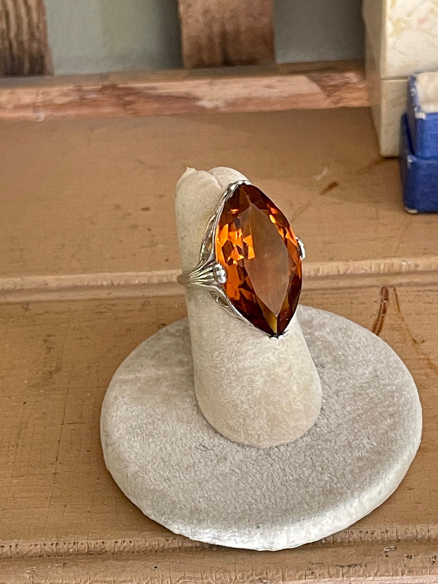 1920-1930 Art Deco Sterling Silver Glass Marquis Citrine Color Glass Ring