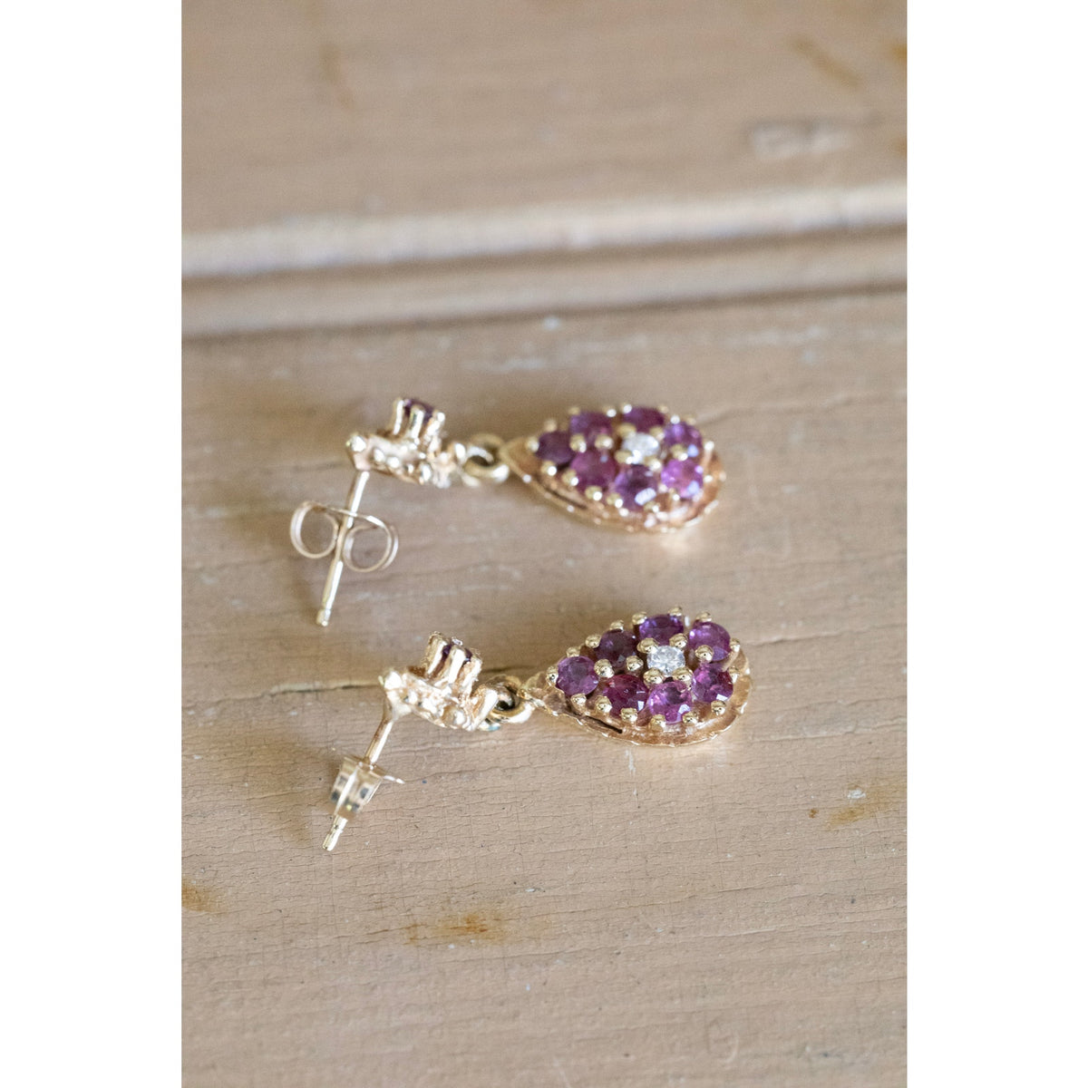 C1980 Vintage 14K Natural Ruby and Diamond Drop Earrings