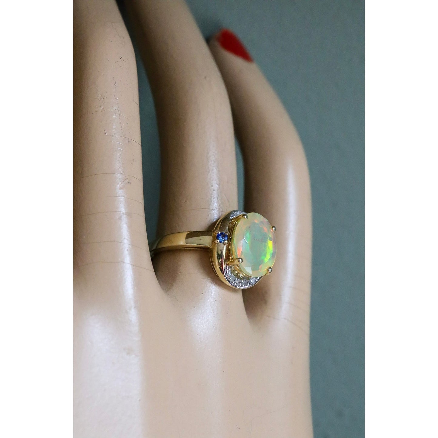 10K Yellow Gold Ethopian Opal Ring with Diamonds and Sapphires