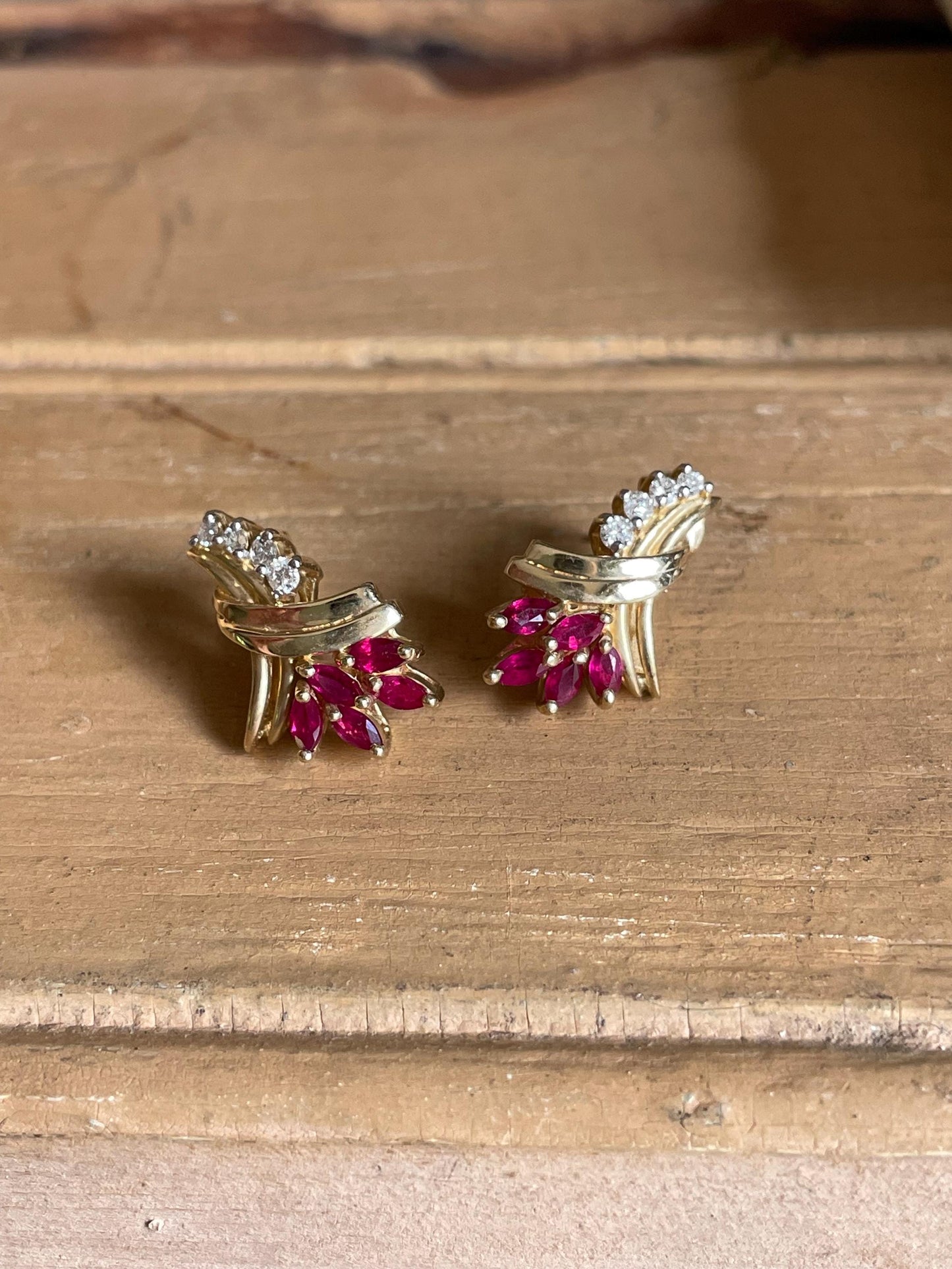 Vintage 14K Yellow Gold Ruby and Diamond Ribbon Motif Earrings