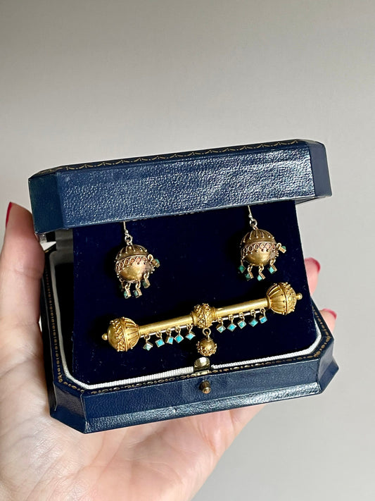c1880 Demi Parure Victorian 14K Yellow Gold Turquoise Earrings and Brooch