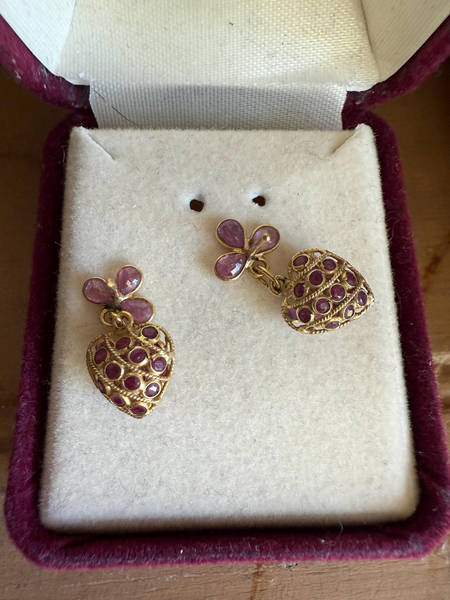Vintage 18K Yellow Gold Natural Ruby Set Double Sided Heart Earrings