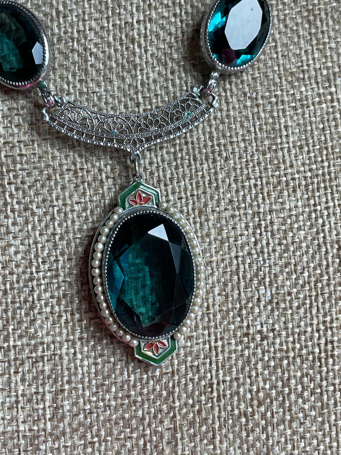 1930s Art Deco Necklace: Rhodium Plated Tourmaline Glass & Enamel