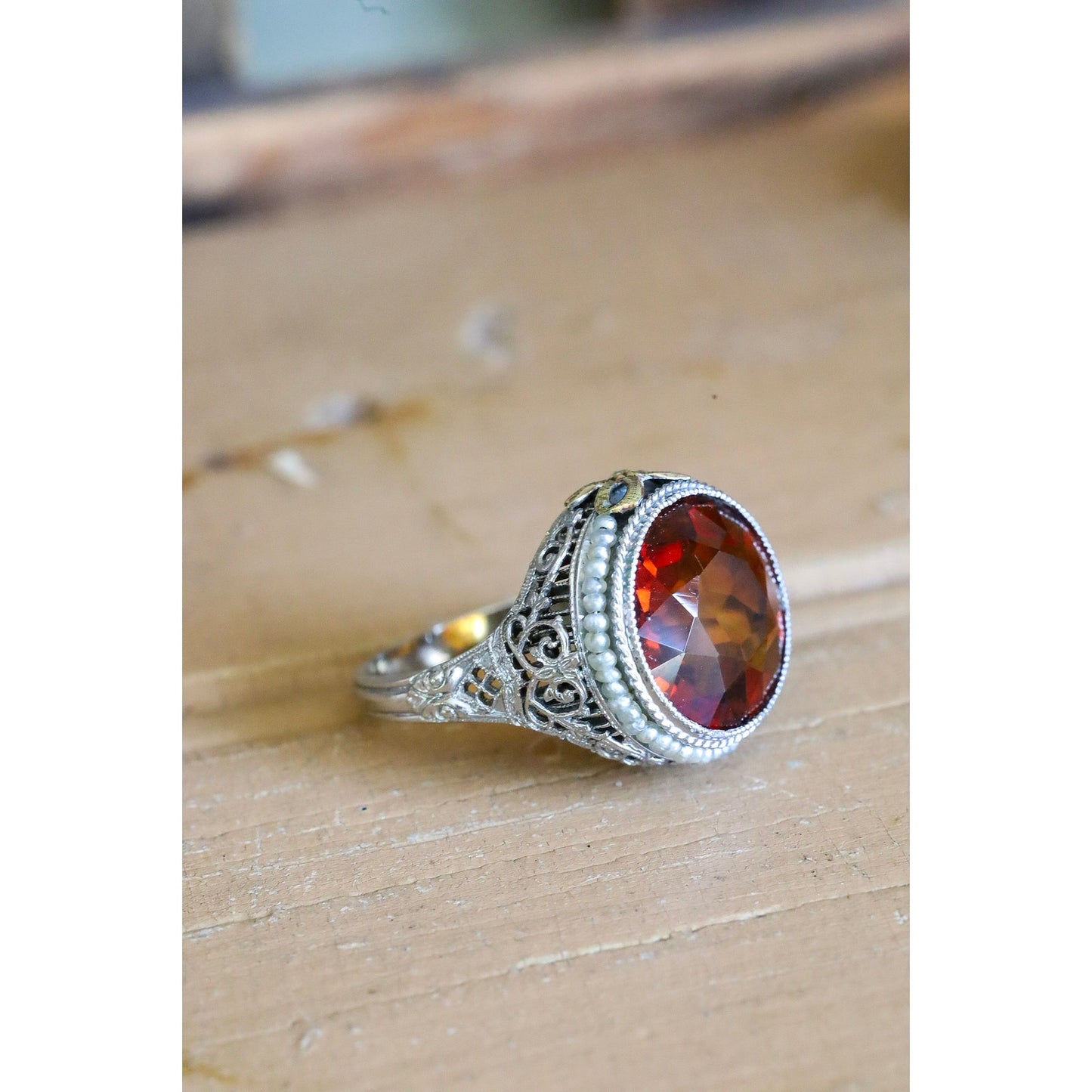 14K White Gold Authentic Art Deco Citrine Ring with Seed Pearl Halo