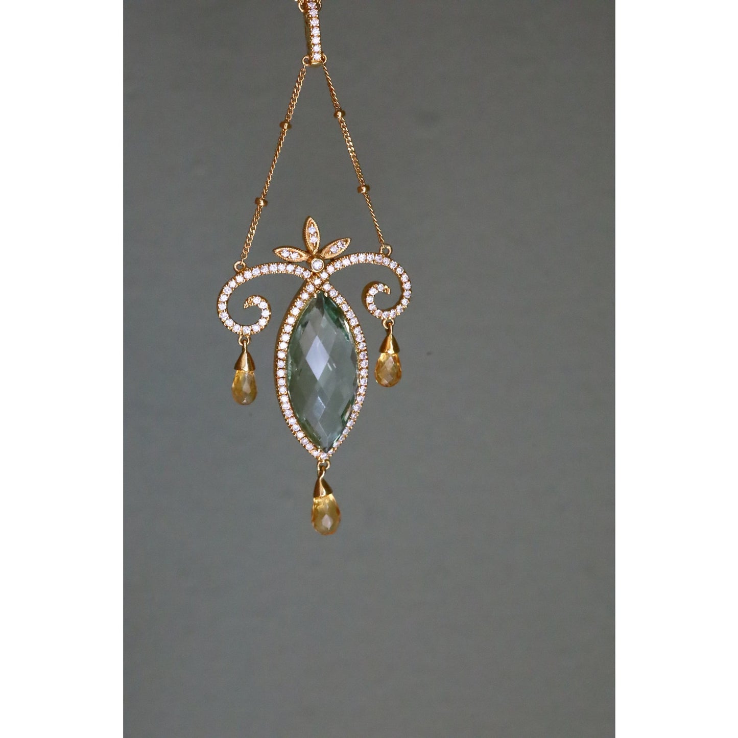 Vintage 18K Yellow Gold Art Nouveau Inspired Prasiolite, Diamond and Citrine Necklace