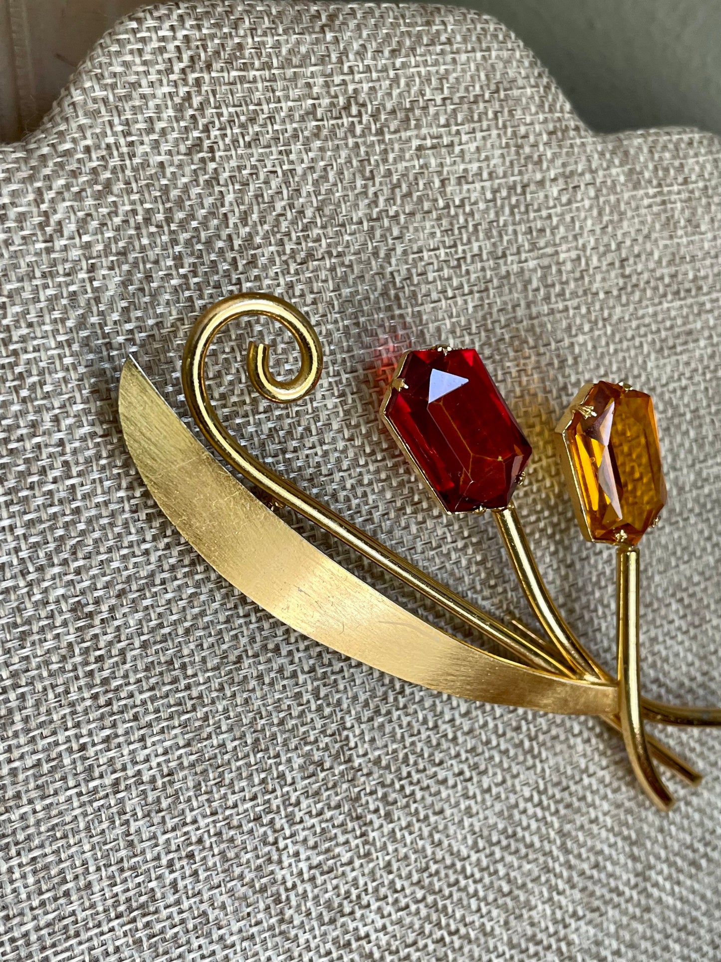 Mid-Century Red and Citrine Glass Fashion Brooch -Huge