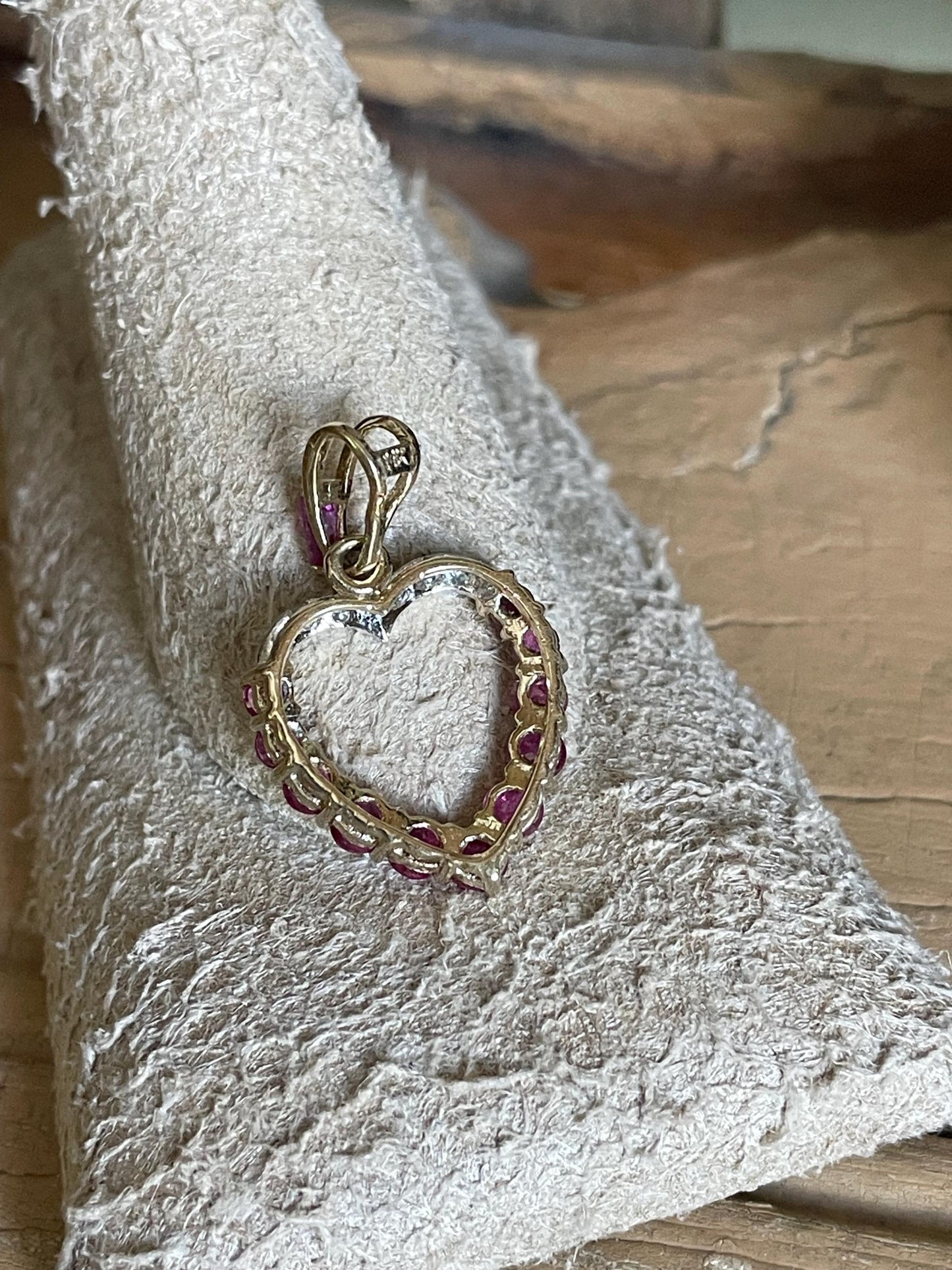 HOLD Vintage 14K Yellow and White Gold Ruby and Diamond Open Heart Pendant