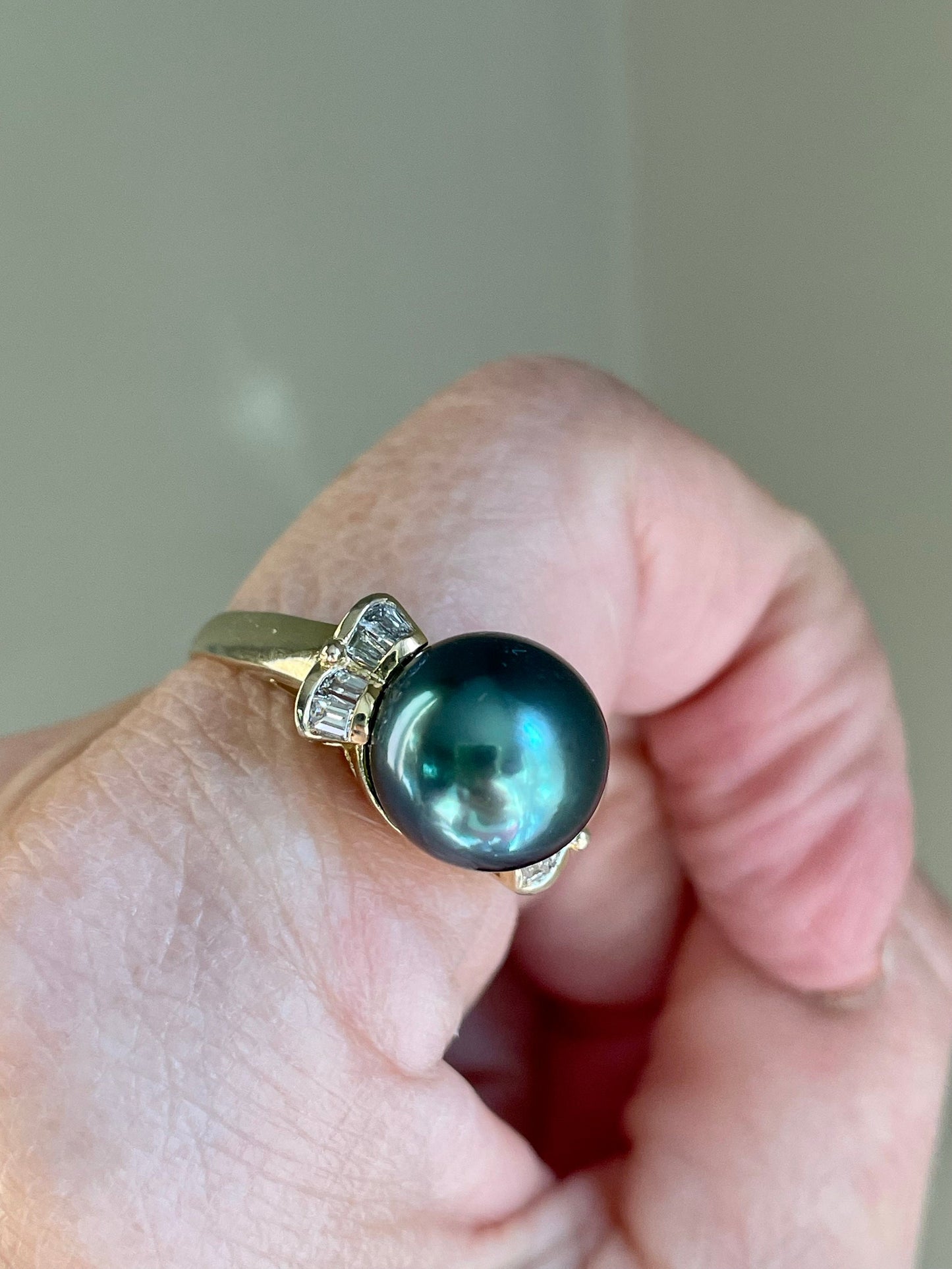 14K Yellow Gold 11mm Tahitian Pearl & Baguette Cut Diamond Ring