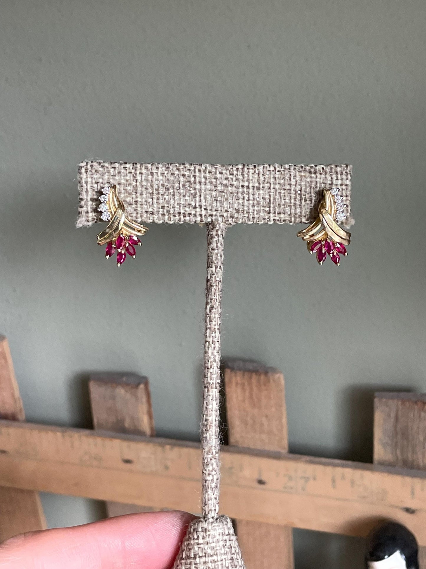 Vintage 14K Yellow Gold Ruby and Diamond Ribbon Motif Earrings