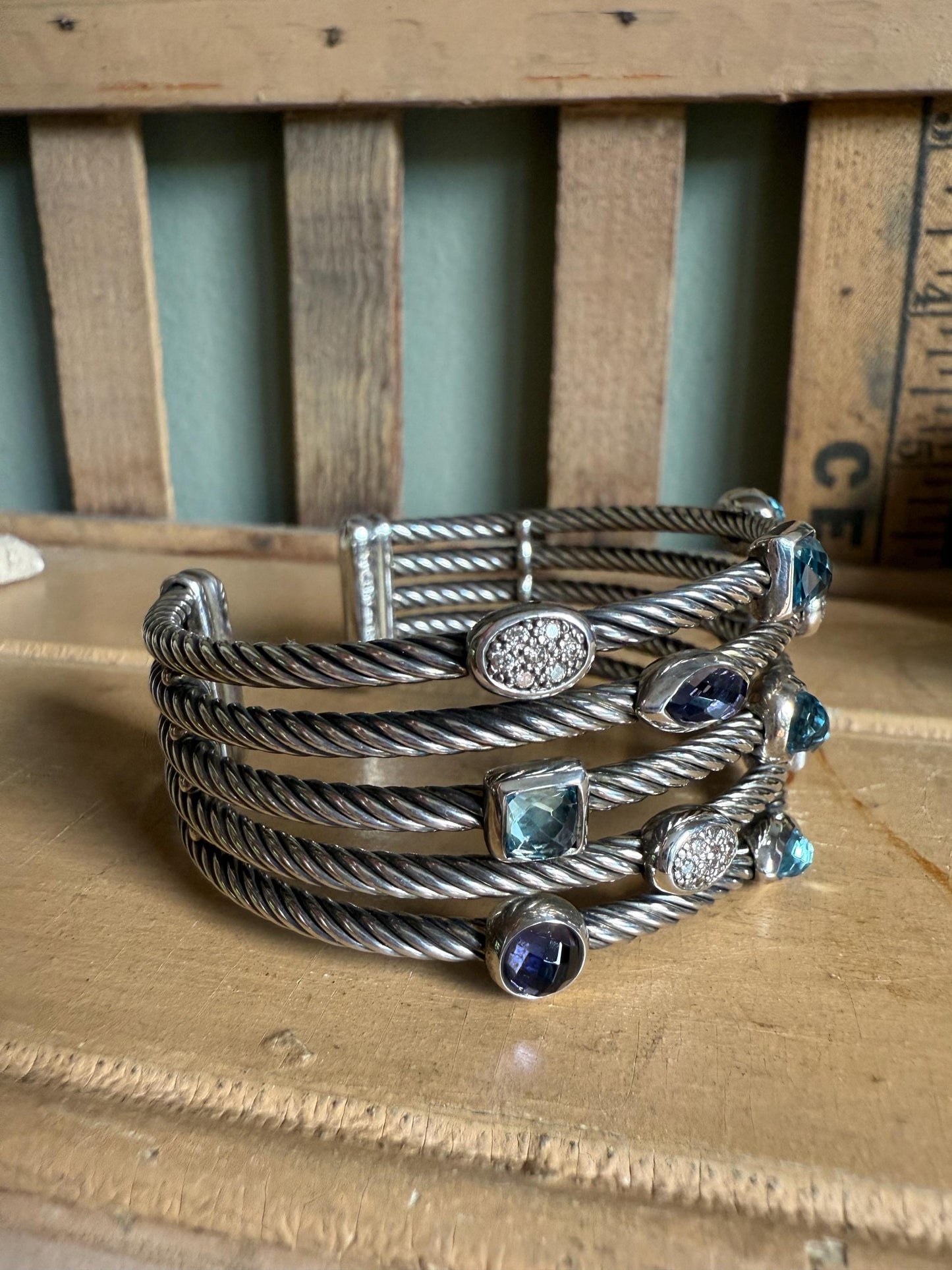 David Yurman Confetti Topaz and Iolite and Diamond Twisted Cable Cuff Bracelet