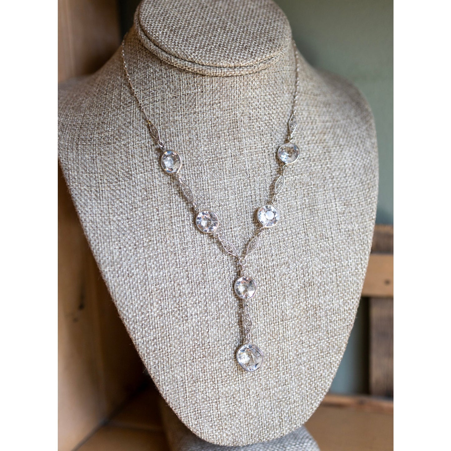 C1920 Rhodium Plated Art Deco Cut Crystal Dangle Necklace