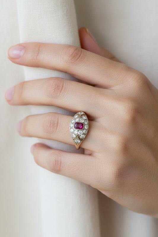 Antique 18K Gold Old Mine Old European Cut Diamonds and Ruby Ring