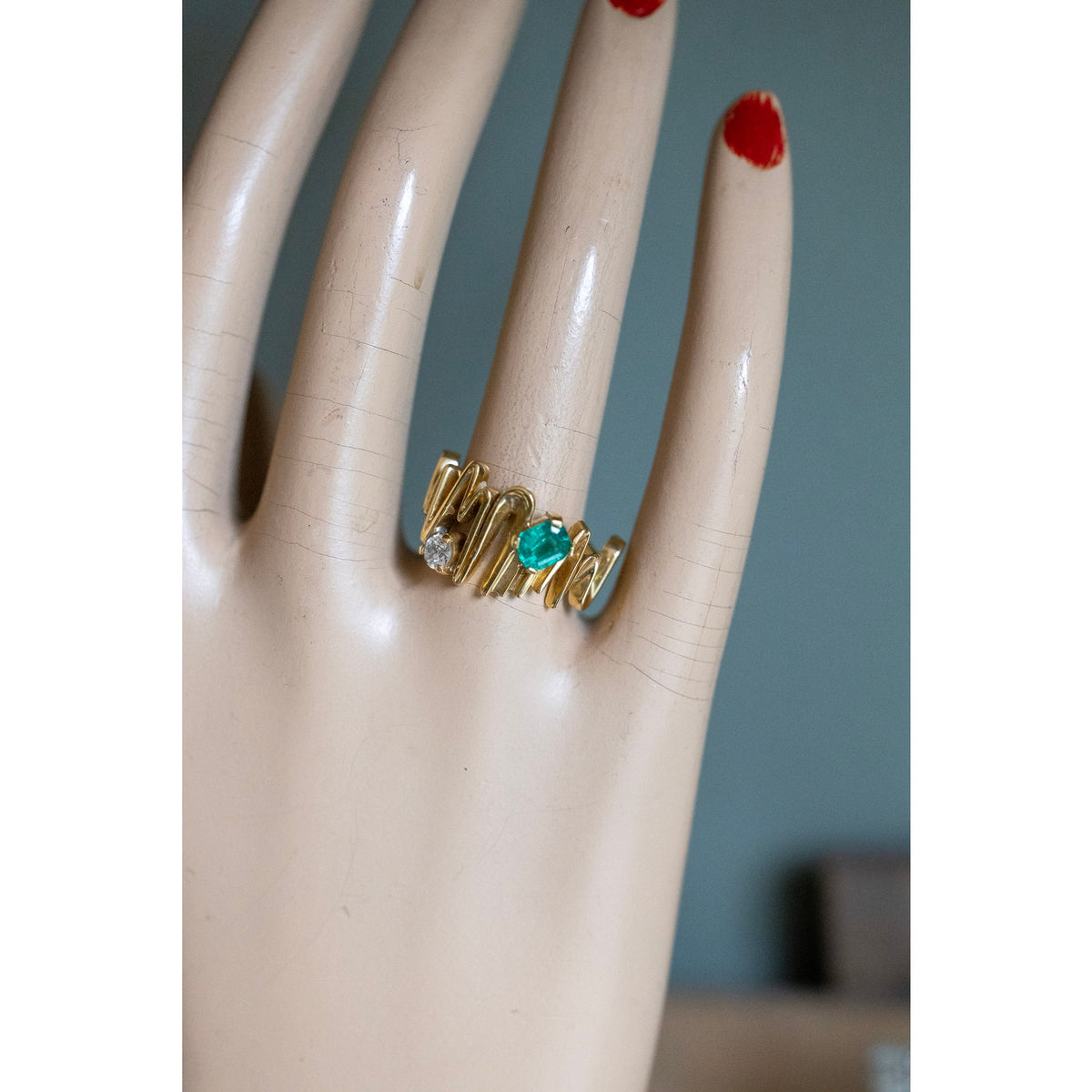 1960's Vintage 18K Columbia Handmade Emerald and Diamond Ring