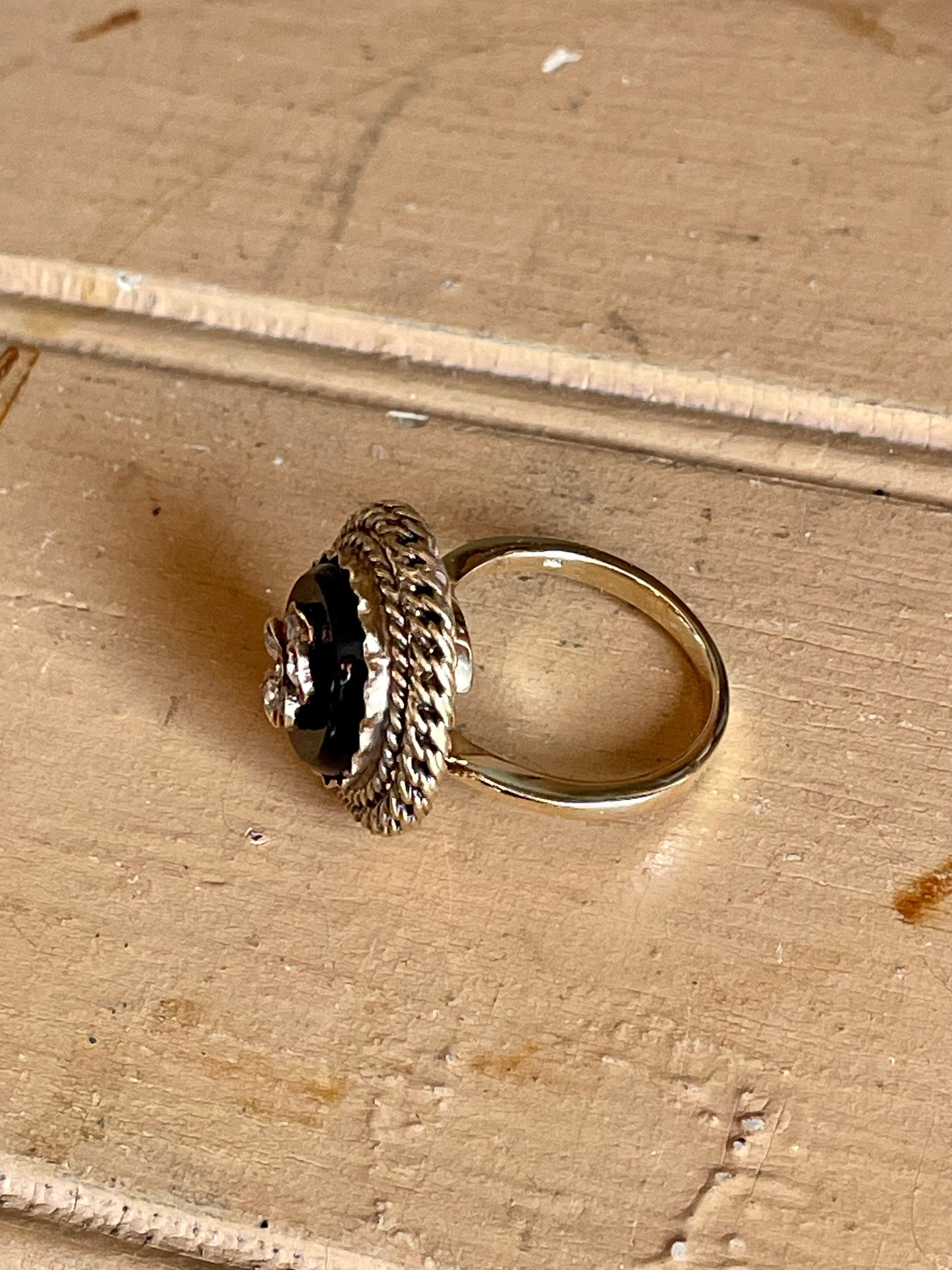 Antique Onyx Rose Cut Diamond Pansy Ring in 14K Yellow Gold