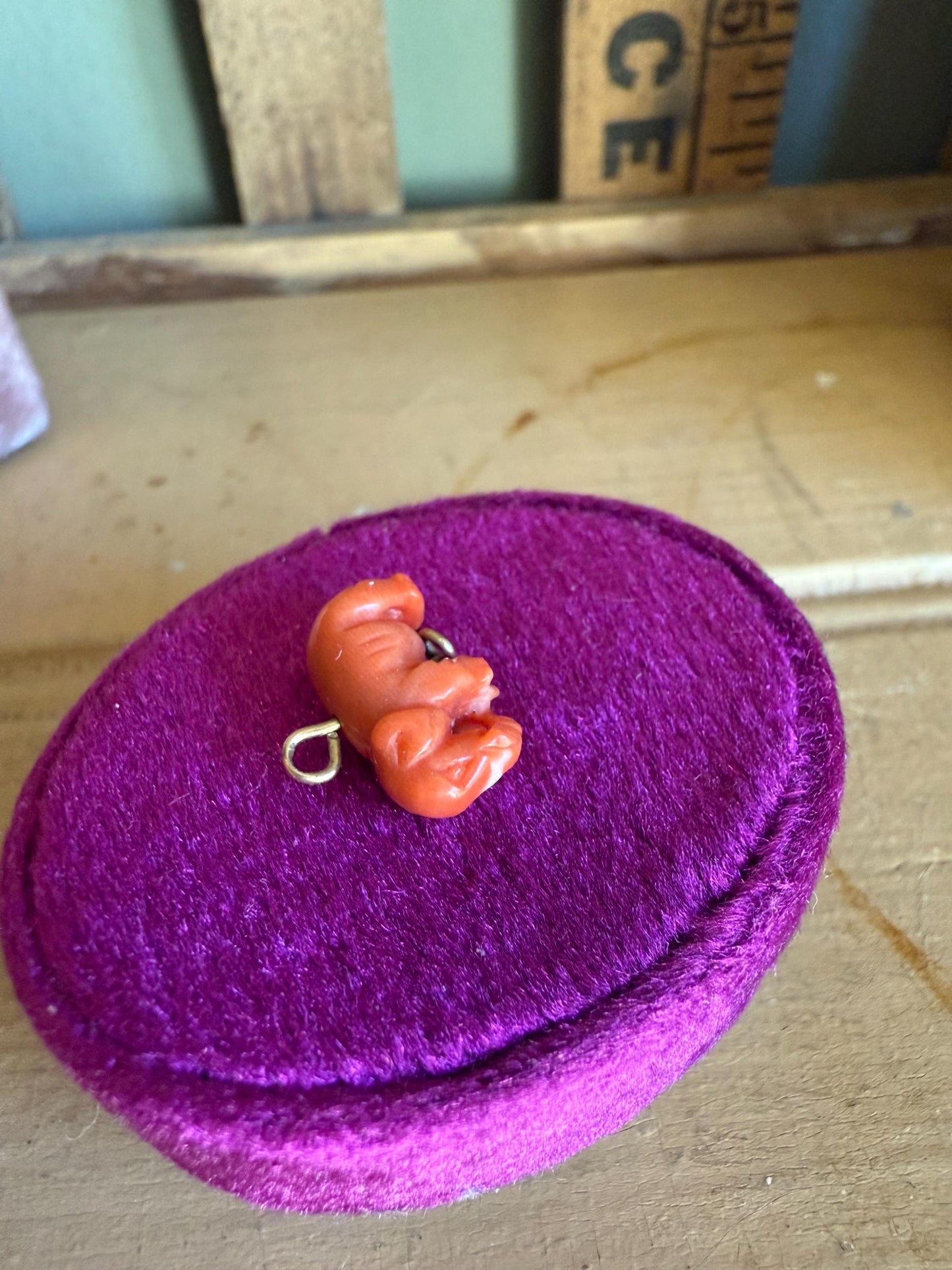 Antique 10K Yellow Gold Mini Hand Carved Coral Elephant Charm / Pendant