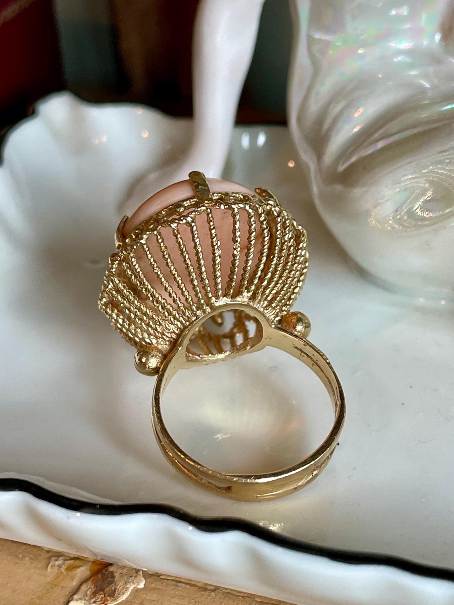 1960's Angel Skin Coral 14K Yellow Gold Cocktail Ring
