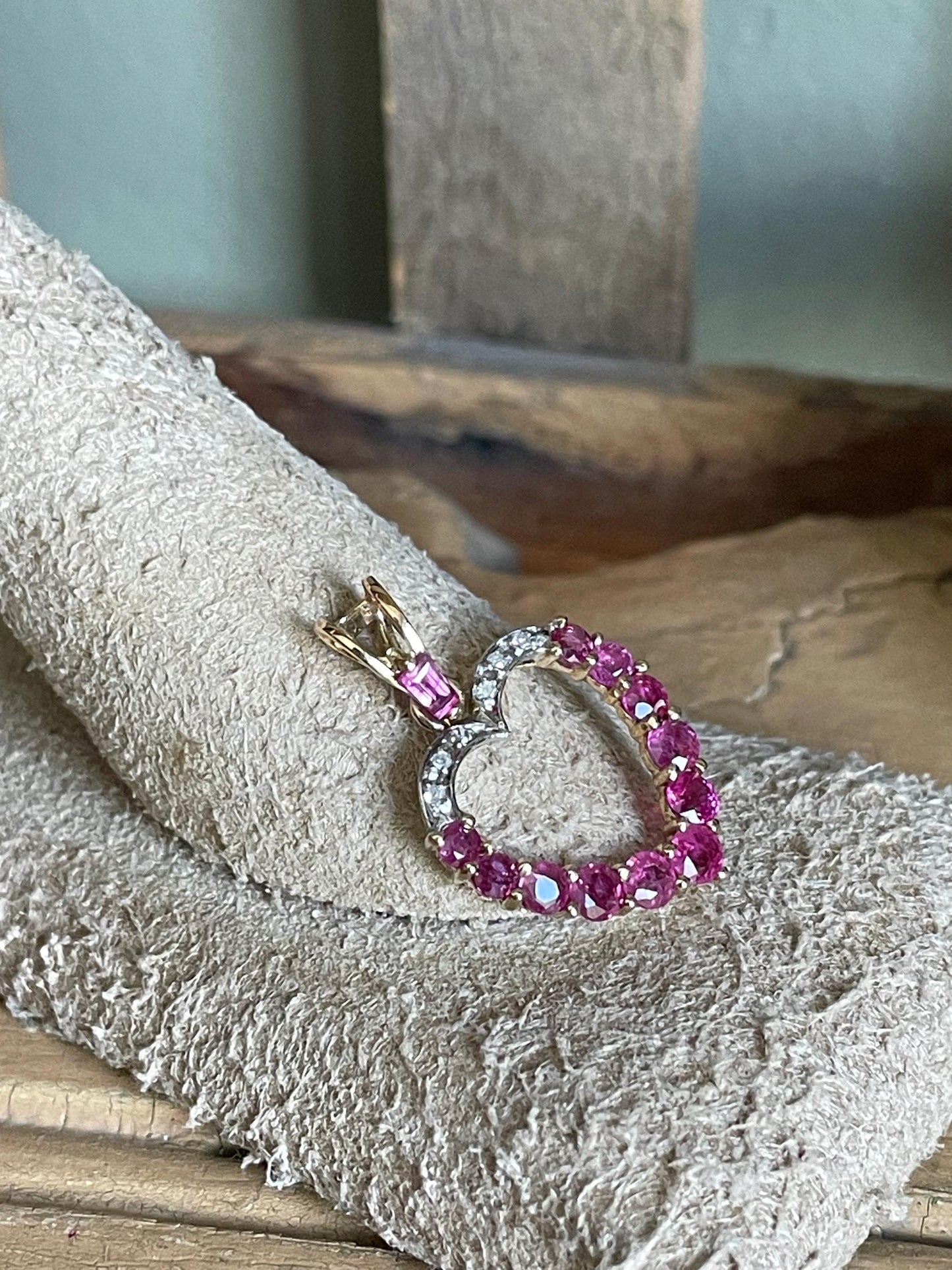 HOLD Vintage 14K Yellow and White Gold Ruby and Diamond Open Heart Pendant