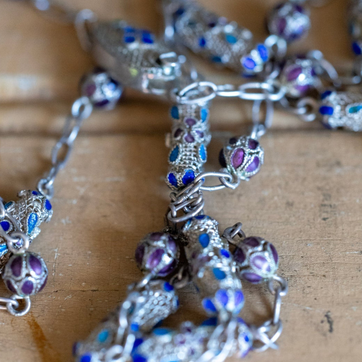 Antique Silver Chinese Export Filgree Enamel Bead Necklace