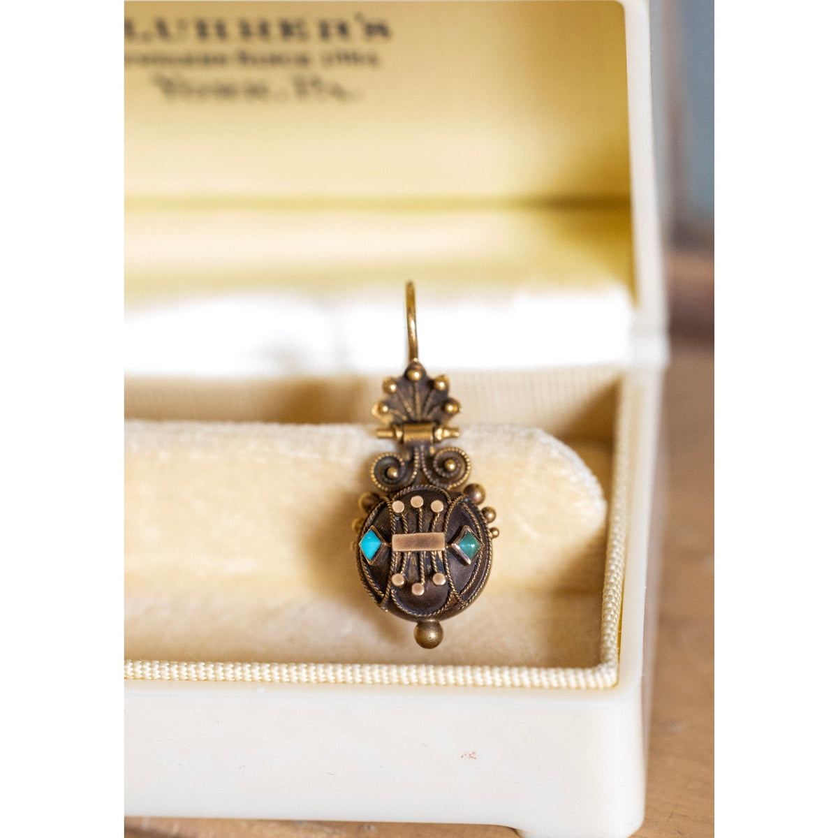14K Bloomed Gold Victorian Antique Etruscan Revival Turquoise Dangle Earrings