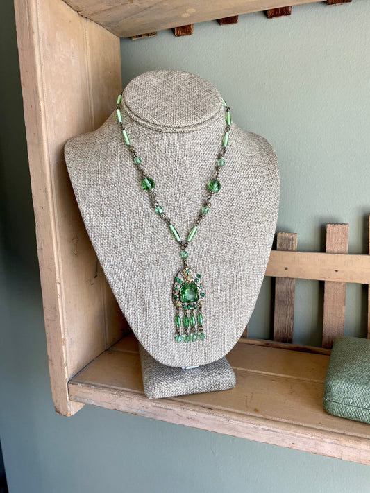 Czechoslovakia Bi-Color Lime Green Brass Dangle Necklace
