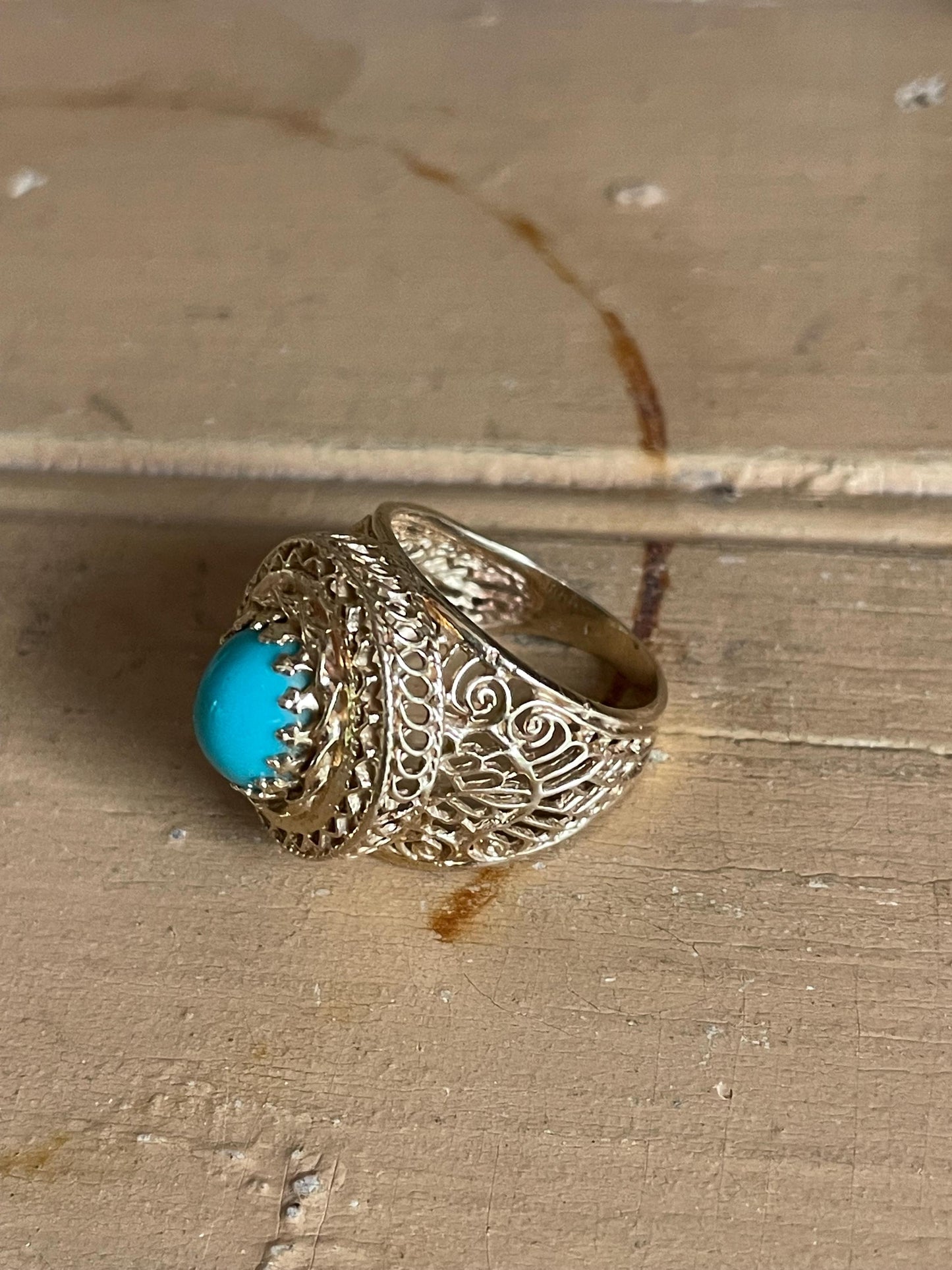 14K Yellow Gold Large Filigree Imitation Turquoise Ring