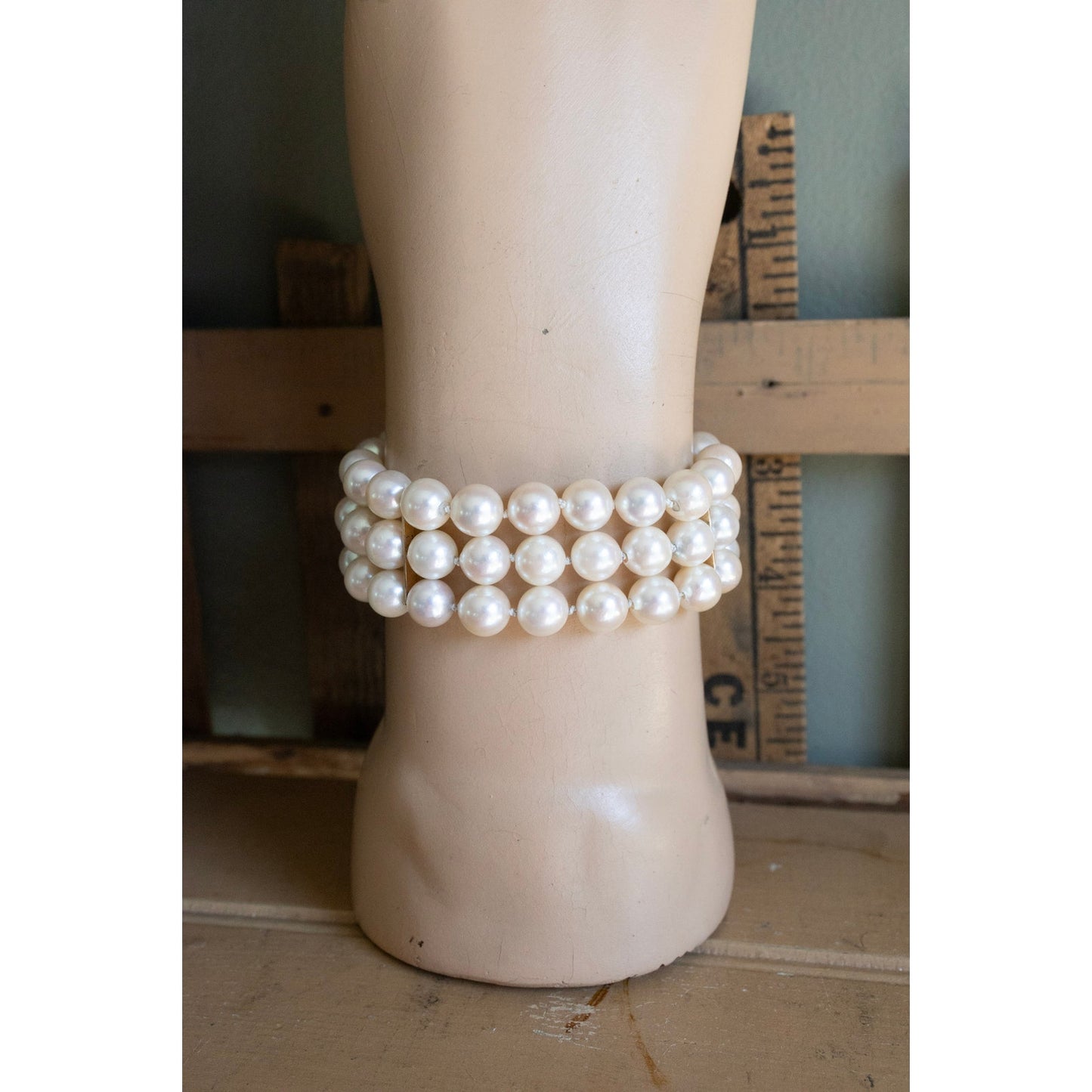 Vintage 14K Yellow Gold Wide Three Strand Pearl Bracelet