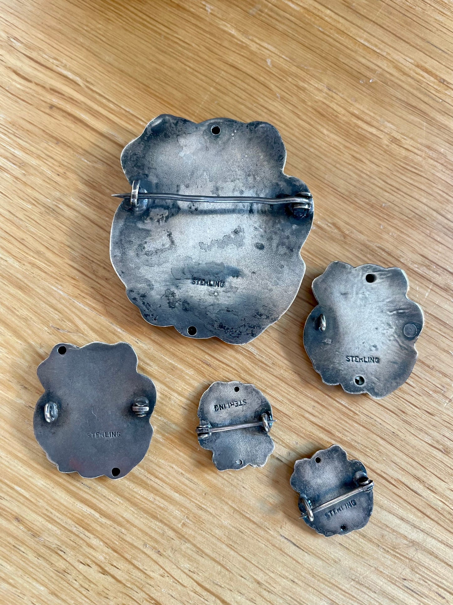 Art Nouveau Sterling Silver Five Piece Brooch Set Lady with Poppies