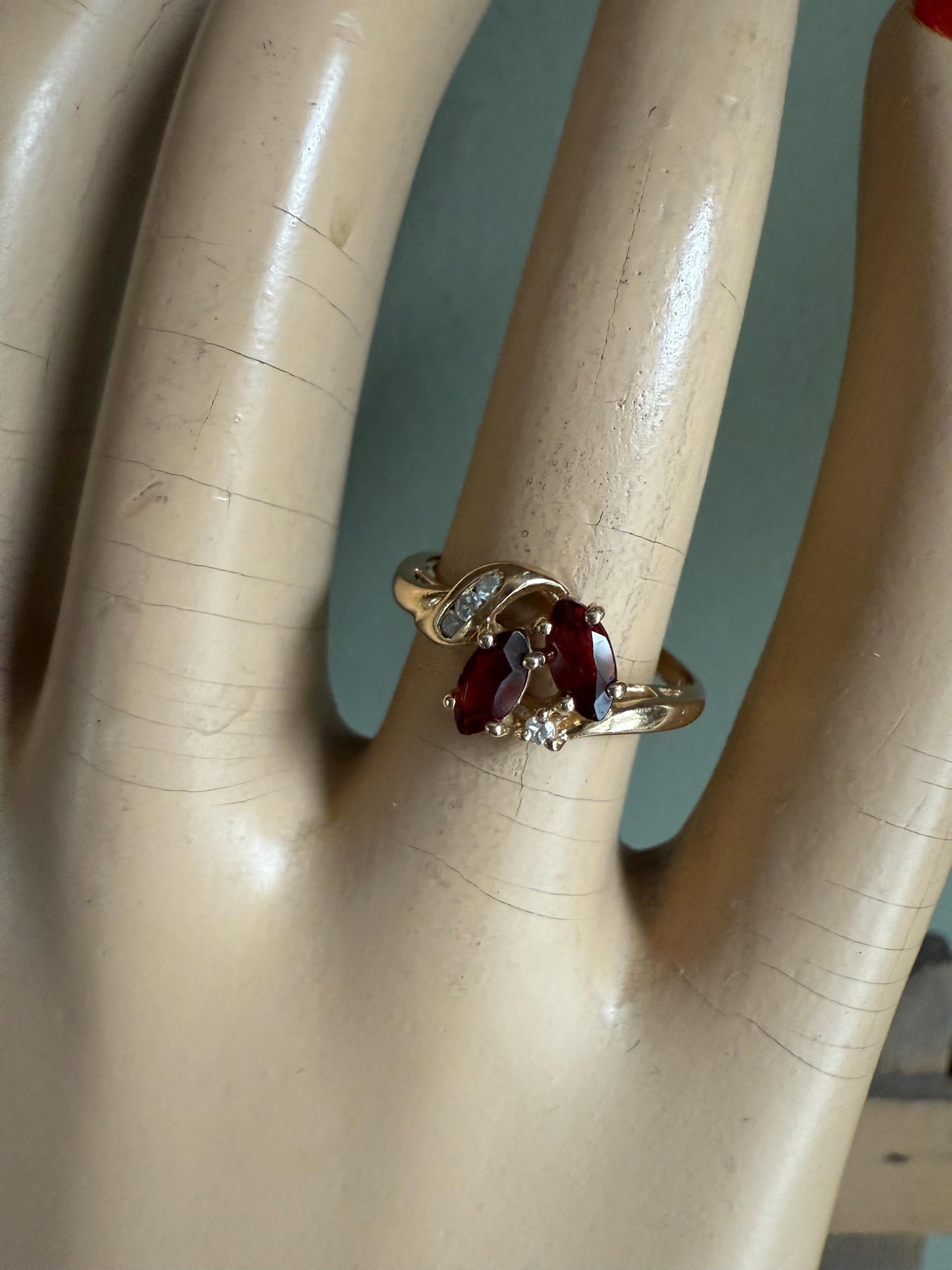 Vintage 14K Yellow Gold Marquis Cut Garnets and Diamomd Ring