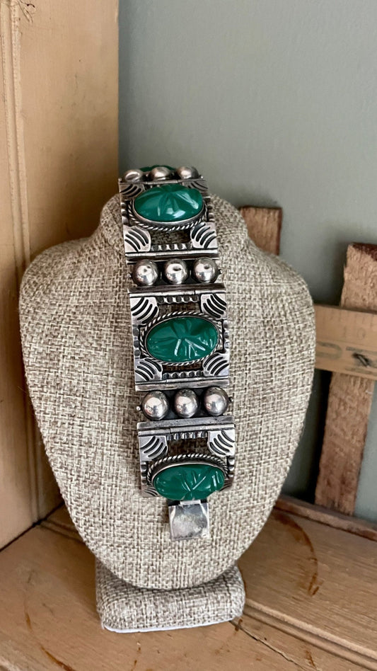 Sterling Silver Mexican Green Onyx Bold Wide Bracelet