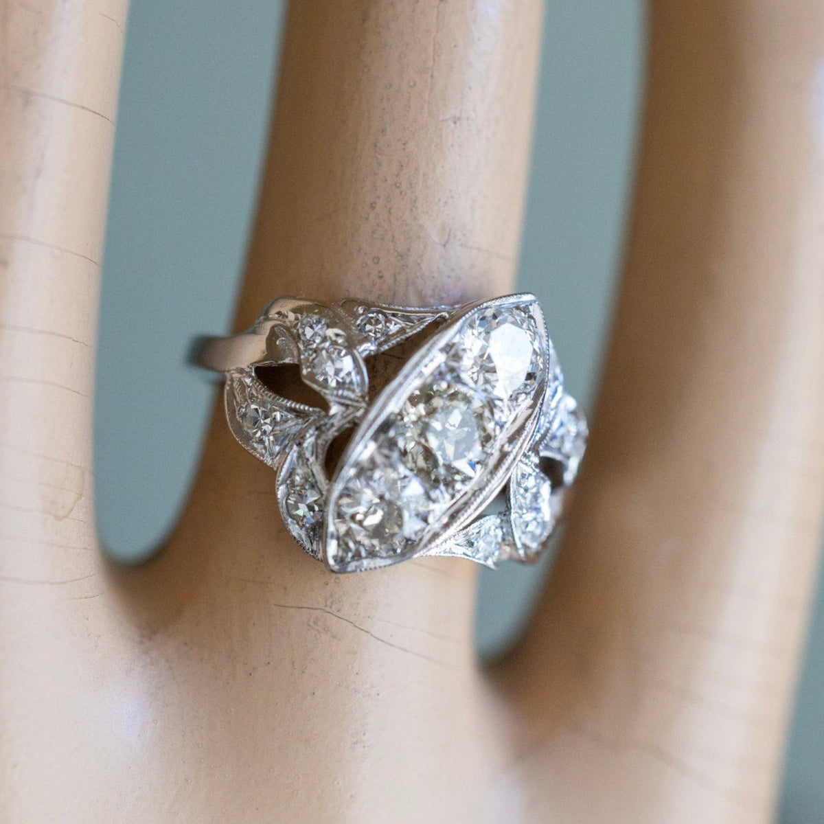 Vintage 14K White Gold Mine Cut and Old European Cut Natural Diamond Ring