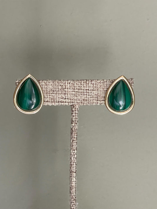 Vintage 1980's 14K Yellow Gold Tear-Shaped Malachite Earrings
