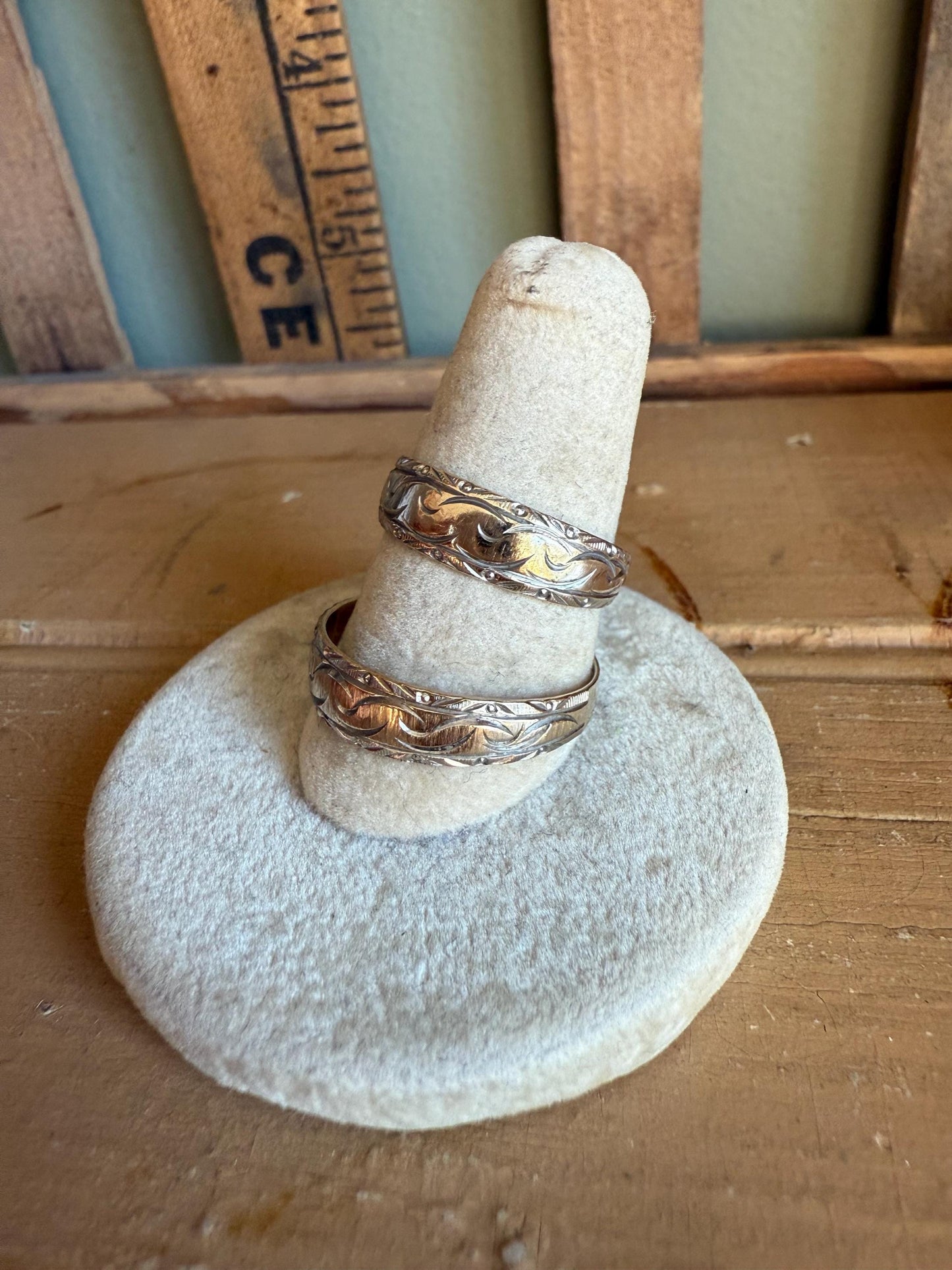 A Rare Matching Mid Century Bi Color 14K Engraved Wedding Bands